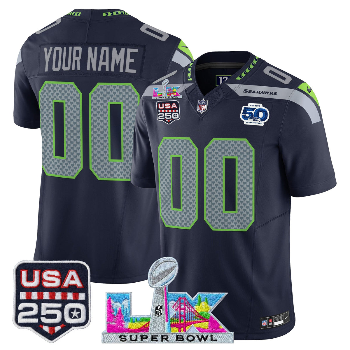 Seattle Seahawks "Super Bowl LX & United States 250th Anniversary Patch" Vapor Limited Custom Jersey - All Stitched