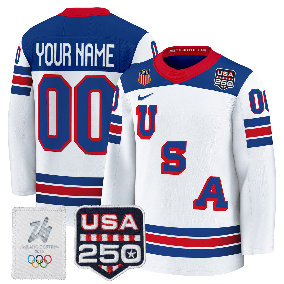 2026 USA Olympic 250America Patch Premium Custom Hockey Jersey - All Stitched