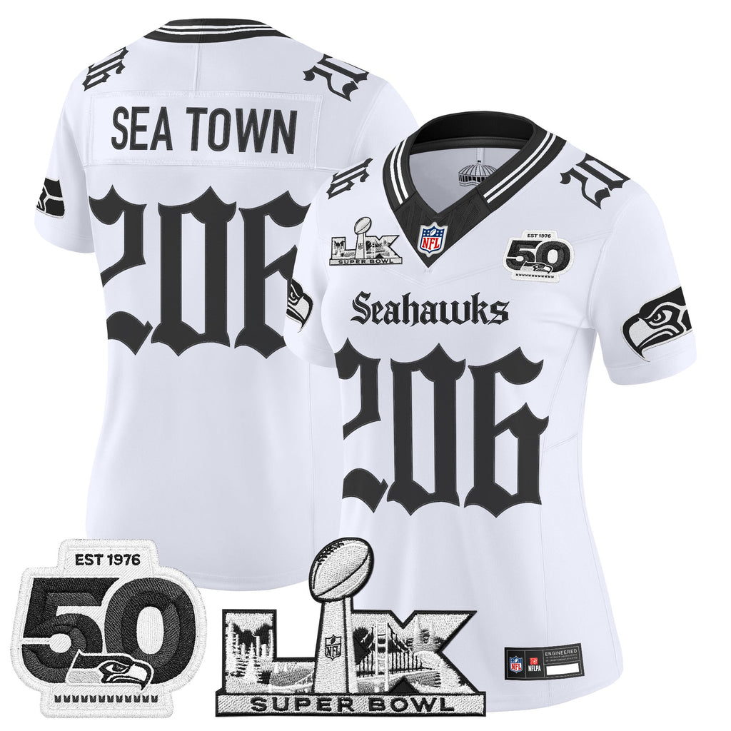 Women's Seattle Seahawks "Super Bowl LX & 50th Patch" Vapor Limited Jersey - Gothic Edition - All Stitched