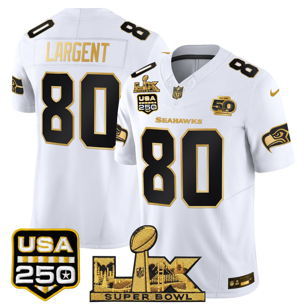 Men's Seattle Seahawks "Super Bowl LX & United States 250th Anniversary Patch" Gold Vapor Limited Jersey - All Stitched