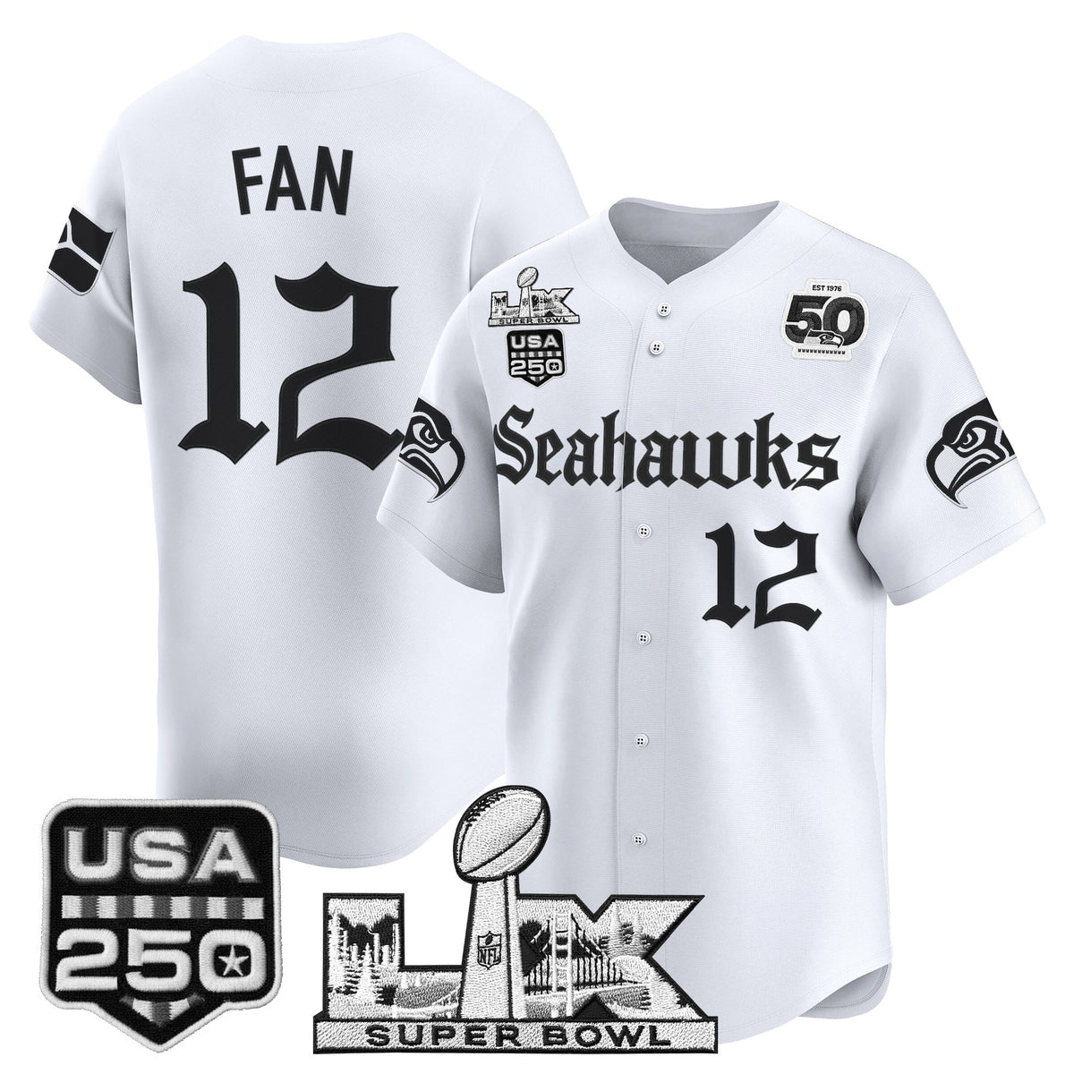 Men's Seattle Seahawks “Super Bowl LX & 50th Patch” Vapor Baseball Jersey - Gothic Edition - All Stitched