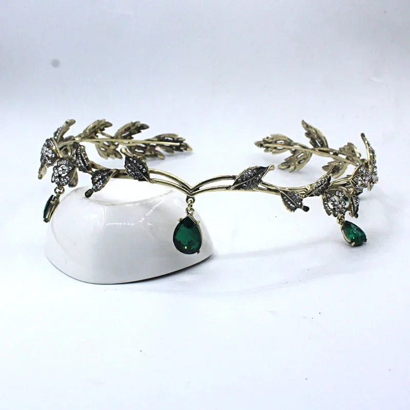Vintage bronze green jade fairy crown crystal leaf elf headpiece hairband women's costume hair jewelry