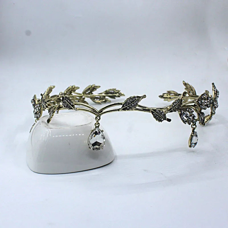 Vintage bronze green jade fairy crown crystal leaf elf headpiece hairband women's costume hair jewelry