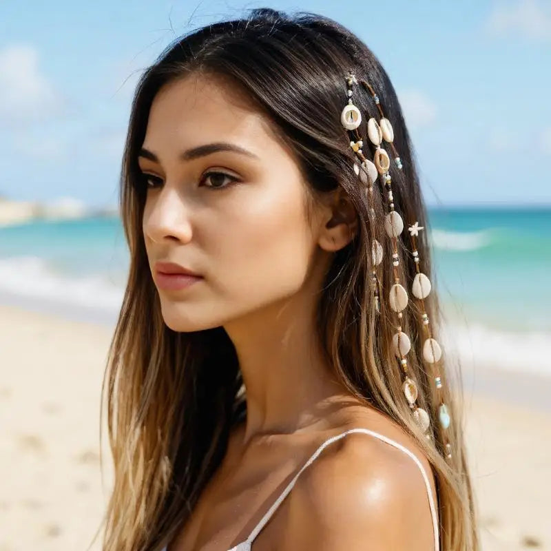 Festival Hair Extension Shell Bead Strands Waterproof Coating Boho Mermaid Core Dreadlock Jewelry For Braids